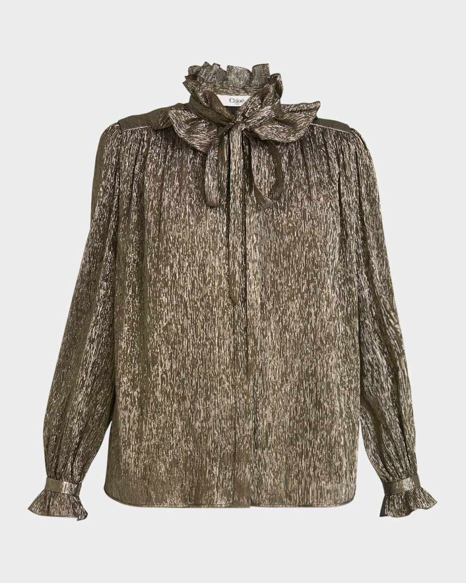 Metallic Silk Ruffle Neck-Tie Top